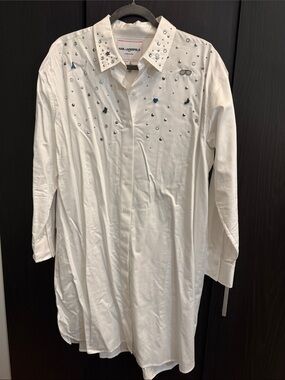 Karl Lagerfeld White Long-Sleeve Embellished Shirt Dress